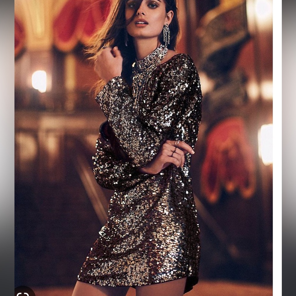 Free People Metallic Tarnished Gold Sequin Tunic Dress